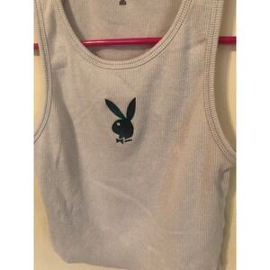 Playboy by PacSun Ribbed Tank Top Blue Plaid Bunny Logo Crop XS *flaws